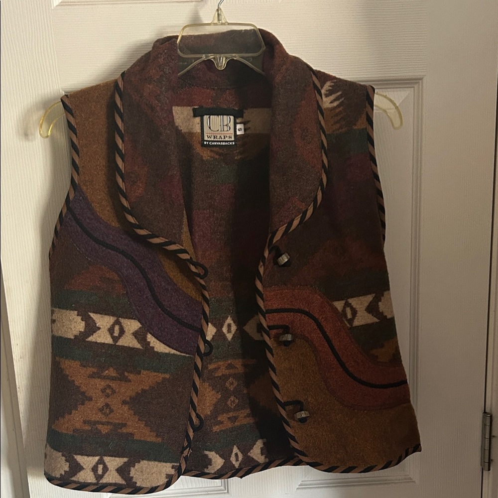 Vintage Western Tribal Patterned Wool Vest with Button Closure
